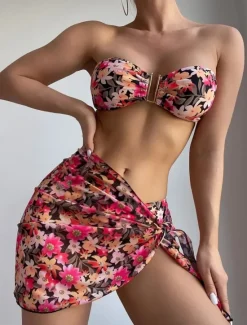 Discount Women's Swimwear Bikini Three Piece Skirt Swimsuit Backless Slim Vacation Beach Wear Floral Strapless Sleeveless Bathing Suits Women Bikinis