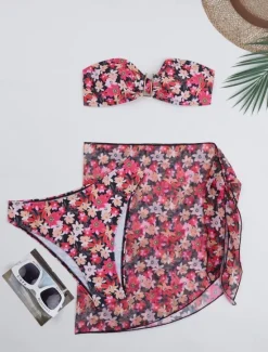 Discount Women's Swimwear Bikini Three Piece Skirt Swimsuit Backless Slim Vacation Beach Wear Floral Strapless Sleeveless Bathing Suits Women Bikinis