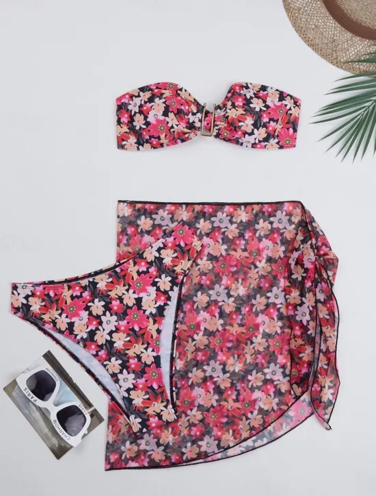 Discount Women's Swimwear Bikini Three Piece Skirt Swimsuit Backless Slim Vacation Beach Wear Floral Strapless Sleeveless Bathing Suits Women Bikinis