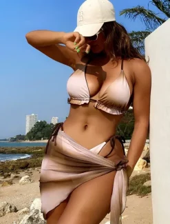 Online Women's Swimwear Bikini Three Piece Cheeky Swimsuit Backless Slim Vacation Beach Wear Tie Dye Halter Neck Sleeveless Bathing Suits Women Bikinis