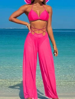 Best Women's Swimwear Bikini Three Piece Swimsuit Backless Tropical Beach Wear Plain V Wire Sleeveless Bathing Suits Women Bikinis