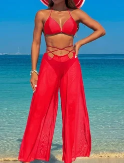 Best Women's Swimwear Bikini Three Piece Swimsuit Backless Tropical Beach Wear Plain V Wire Sleeveless Bathing Suits Women Bikinis