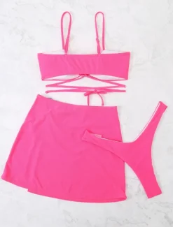 Online Women's Swimwear Bikini Three Piece Skirt Swimsuit Backless Slim Vacation Beach Wear Solid Color Halter Neck Sleeveless Bathing Suits Women Bikinis