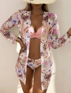 Sale Women's Swimwear Bikini Three Piece Cheeky Swimsuit Backless Slim Vacation Beach Wear Floral V Neck Long Sleeve Bathing Suits Women Bikinis