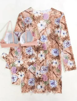 Sale Women's Swimwear Bikini Three Piece Cheeky Swimsuit Backless Slim Vacation Beach Wear Floral V Neck Long Sleeve Bathing Suits Women Bikinis