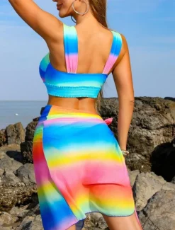 New Women's Swimwear Bikini Three Piece Skirt Swimsuit Backless Slim Vacation Beach Wear Ombre V Neck Sleeveless Bathing Suits Women Colorful Swimwear|Bikinis