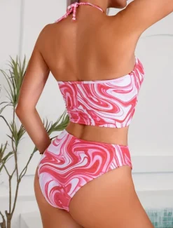 Hot Women's Swimwear Bikini Three Piece Cheeky Swimsuit Backless High Waist Slim Vacation Beach Wear Tie Dye Halter Neck Sleeveless Bathing Suits Women Bikinis