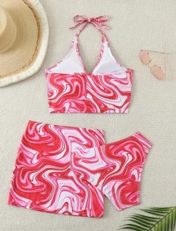 Hot Women's Swimwear Bikini Three Piece Cheeky Swimsuit Backless High Waist Slim Vacation Beach Wear Tie Dye Halter Neck Sleeveless Bathing Suits Women Bikinis