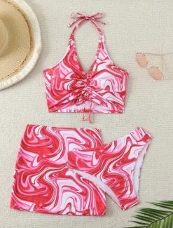 Hot Women's Swimwear Bikini Three Piece Cheeky Swimsuit Backless High Waist Slim Vacation Beach Wear Tie Dye Halter Neck Sleeveless Bathing Suits Women Bikinis