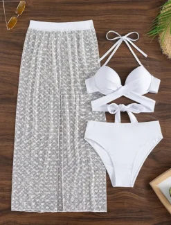 Outlet Women's Swimwear Bikini Three Piece Skirt Swimsuit Backless Slim Vacation Beach Wear Solid Color Halter Neck Sleeveless Bathing Suits Women Bikinis