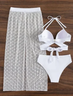 Outlet Women's Swimwear Bikini Three Piece Skirt Swimsuit Backless Slim Vacation Beach Wear Solid Color Halter Neck Sleeveless Bathing Suits Women Bikinis