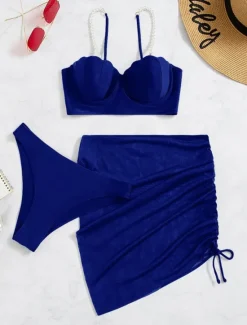 Women's Swimwear Bikini Three Piece Skirt Swimsuit Backless Slim Vacation Beach Wear Solid Color V Neck Sleeveless Bathing Suits Women Bikinis