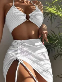 Women's Swimwear Bikini Three Piece Cheeky Swimsuit Backless Slim Vacation Beach Wear Solid Color Halter Neck Sleeveless Bathing Suits Women Bikinis