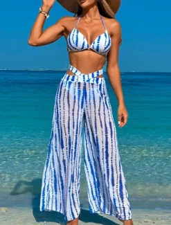 Discount Women's Swimwear Bikini Three Piece Pant Swimsuit Backless Slim Vacation Beach Wear Stripe Halter Neck Sleeveless Bathing Suits Women Bikinis|Spring Swimwear