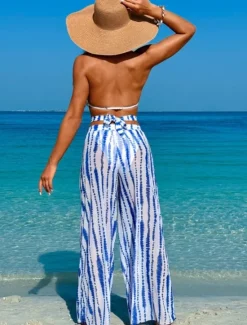 Discount Women's Swimwear Bikini Three Piece Pant Swimsuit Backless Slim Vacation Beach Wear Stripe Halter Neck Sleeveless Bathing Suits Women Bikinis|Spring Swimwear