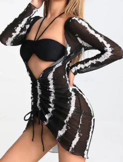 Outlet Women's Swimwear Bikini Three Piece Cheeky Swimsuit Backless Slim Vacation Beach Wear Stripe Halter Neck Sleeveless Bathing Suits Women Bikinis