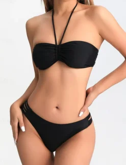 Outlet Women's Swimwear Bikini Three Piece Cheeky Swimsuit Backless Slim Vacation Beach Wear Stripe Halter Neck Sleeveless Bathing Suits Women Bikinis