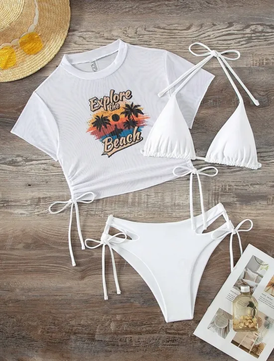 Sale Women's Swimwear Bikini Three Piece Cheeky Swimsuit Backless Slim Vacation Beach Wear Graphic High Neck Short Sleeves Bathing Suits Women Bikinis
