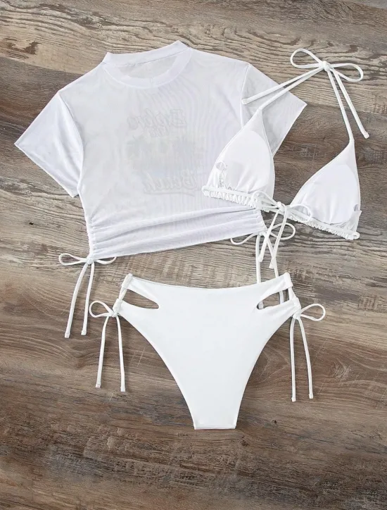 Sale Women's Swimwear Bikini Three Piece Cheeky Swimsuit Backless Slim Vacation Beach Wear Graphic High Neck Short Sleeves Bathing Suits Women Bikinis