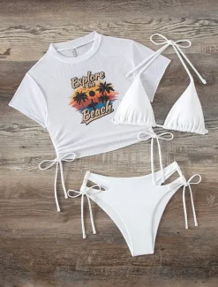 Sale Women's Swimwear Bikini Three Piece Cheeky Swimsuit Backless Slim Vacation Beach Wear Graphic High Neck Short Sleeves Bathing Suits Women Bikinis