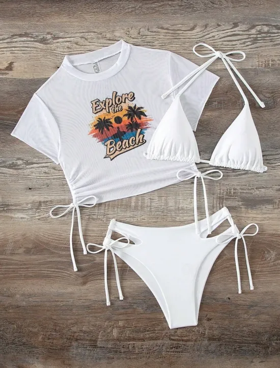Sale Women's Swimwear Bikini Three Piece Cheeky Swimsuit Backless Slim Vacation Beach Wear Graphic High Neck Short Sleeves Bathing Suits Women Bikinis