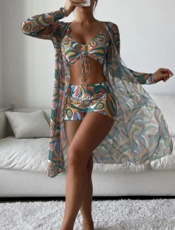 Women's Swimwear Bikini Three Piece Boy Leg Swimsuit Backless Slim Vacation Beach Wear Color Block Halter Neck Sleeveless Long Sleeve Bathing Suits Women Bikinis