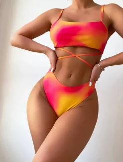 Clearance Women's Swimwear Bikini Three Piece Cheeky Swimsuit Backless Slim Vacation Beach Wear Ombre Sleeveless Bathing Suits Women Bikinis