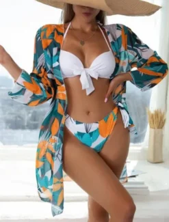 Outlet Women's Swimwear Bikini Three Piece Cheeky Swimsuit Backless Slim Vacation Beach Wear Leaves Halter Neck Sleeveless Long Sleeve Bathing Suits Women Bikinis