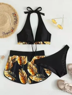 Clearance Women's Swimwear Bikini Three Piece Cheeky Swimsuit Backless Slim Vacation Beach Wear Graphic Halter Neck Sleeveless Bathing Suits Women Bikinis