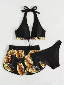 Clearance Women's Swimwear Bikini Three Piece Cheeky Swimsuit Backless Slim Vacation Beach Wear Graphic Halter Neck Sleeveless Bathing Suits Women Bikinis