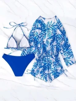 Online Women's Swimwear Bikini Three Piece Cheeky Swimsuit High Waist Slim Vacation Beach Wear Graphic V Neck Long Sleeve Bathing Suits Women Bikinis