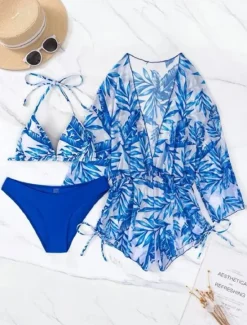 Online Women's Swimwear Bikini Three Piece Cheeky Swimsuit High Waist Slim Vacation Beach Wear Graphic V Neck Long Sleeve Bathing Suits Women Bikinis