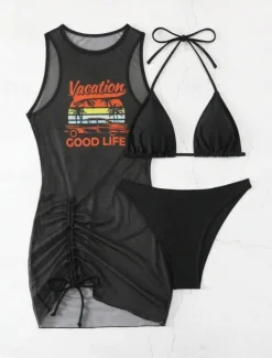Online Women's Swimwear Bikini Three Piece Cheeky Swimsuit Backless Slim Vacation Beach Wear Letter Halter Neck Sleeveless Bathing Suits Women Bikinis