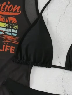 Online Women's Swimwear Bikini Three Piece Cheeky Swimsuit Backless Slim Vacation Beach Wear Letter Halter Neck Sleeveless Bathing Suits Women Bikinis