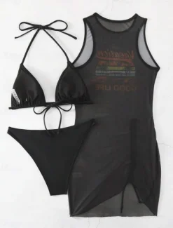Online Women's Swimwear Bikini Three Piece Cheeky Swimsuit Backless Slim Vacation Beach Wear Letter Halter Neck Sleeveless Bathing Suits Women Bikinis
