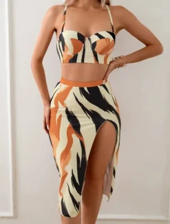Hot Women's Swimwear Bikini Three Piece Swimsuit Backless High Waisted Tropical Beach Wear Geometric U Neck Sleeveless Bathing Suits Women Bikinis