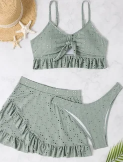 Best Women's Swimwear Bikini Three Piece Skirt Swimsuit Backless Slim Vacation Beach Wear Solid Color V Neck Sleeveless Bathing Suits Women Bikinis