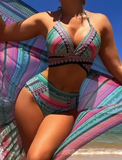 Sale Women's Swimwear Bikini Three Piece Briefs Swimsuit Backless Slim Vacation Beach Wear Geometric V Neck Sleeveless Bathing Suits Women Bikinis