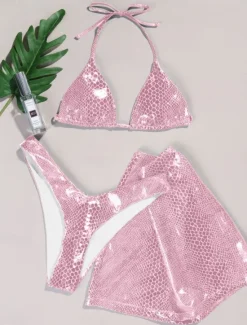 Hot Women's Swimwear Bikini Three Piece Skirt Swimsuit Backless Slim Vacation Beach Wear Solid Color V Neck Sleeveless Bathing Suits Women Bikinis