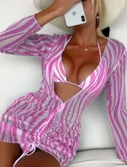 Discount Women's Swimwear Bikini Three Piece Cheeky Swimsuit Backless Slim Vacation Beach Wear Zebra Print Halter Neck Long Sleeve Bathing Suits Women Bikinis