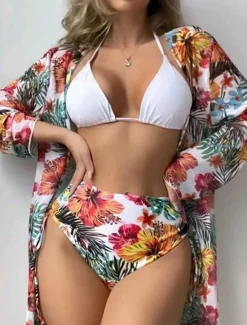 Women's Swimwear Bikini Three Piece Briefs Swimsuit Backless High Waist Slim Vacation Beach Wear Floral Halter Neck Long Sleeve Bathing Suits Women Bikinis