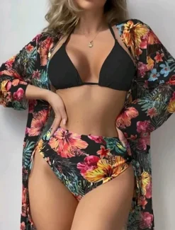 Women's Swimwear Bikini Three Piece Briefs Swimsuit Backless High Waist Slim Vacation Beach Wear Floral Halter Neck Long Sleeve Bathing Suits Women Bikinis