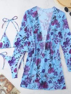 Clearance Women's Swimwear Bikini Three Piece Rash Guard Cheeky Swimsuit Backless Slim Vacation Beach Wear Floral Halter Neck Long Sleeve Bathing Suits Women Bikinis