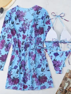 Clearance Women's Swimwear Bikini Three Piece Rash Guard Cheeky Swimsuit Backless Slim Vacation Beach Wear Floral Halter Neck Long Sleeve Bathing Suits Women Bikinis