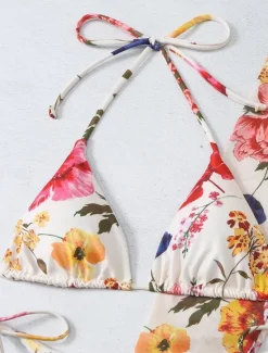 Clearance Women's Swimwear Bikini Three Piece Rash Guard Cheeky Swimsuit Backless Slim Vacation Beach Wear Floral Halter Neck Long Sleeve Bathing Suits Women Bikinis