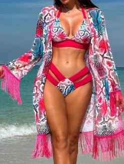 Clearance Women's Swimwear Bikini Three Piece Cheeky Swimsuit Backless Slim Vacation Beach Wear Leaves Halter Neck Sleeveless Bathing Suits Women Bikinis