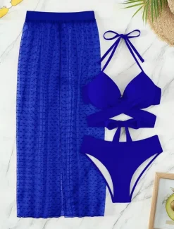 Outlet Women's Swimwear Bikini Three Piece Skirt Swimsuit Backless Slim Vacation Beach Wear Solid Color Halter Neck Sleeveless Bathing Suits Women Bikinis