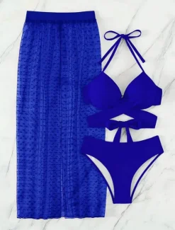 Outlet Women's Swimwear Bikini Three Piece Skirt Swimsuit Backless Slim Vacation Beach Wear Solid Color Halter Neck Sleeveless Bathing Suits Women Bikinis