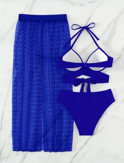 Outlet Women's Swimwear Bikini Three Piece Skirt Swimsuit Backless Slim Vacation Beach Wear Solid Color Halter Neck Sleeveless Bathing Suits Women Bikinis