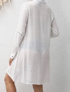 Hot Women's Swimwear Cover Up Beach Dresses Swimsuit Buttons Vacation Beach Wear Solid Color V Neck Long Sleeve Women Cover Up